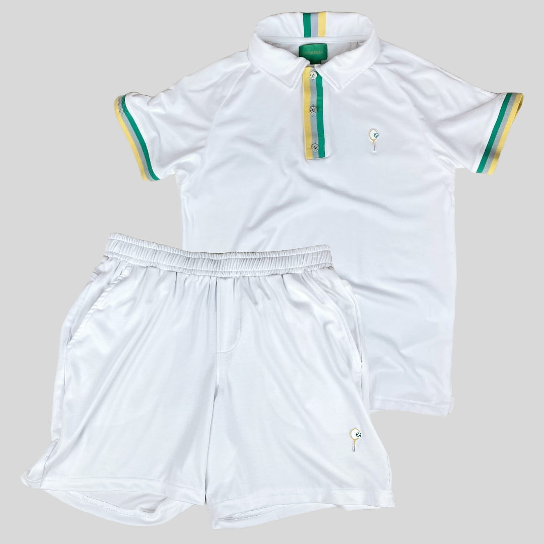 Courtesy Attire Capsule (Shorts and Polo) racket sports/tennis clothing. All white activewear.